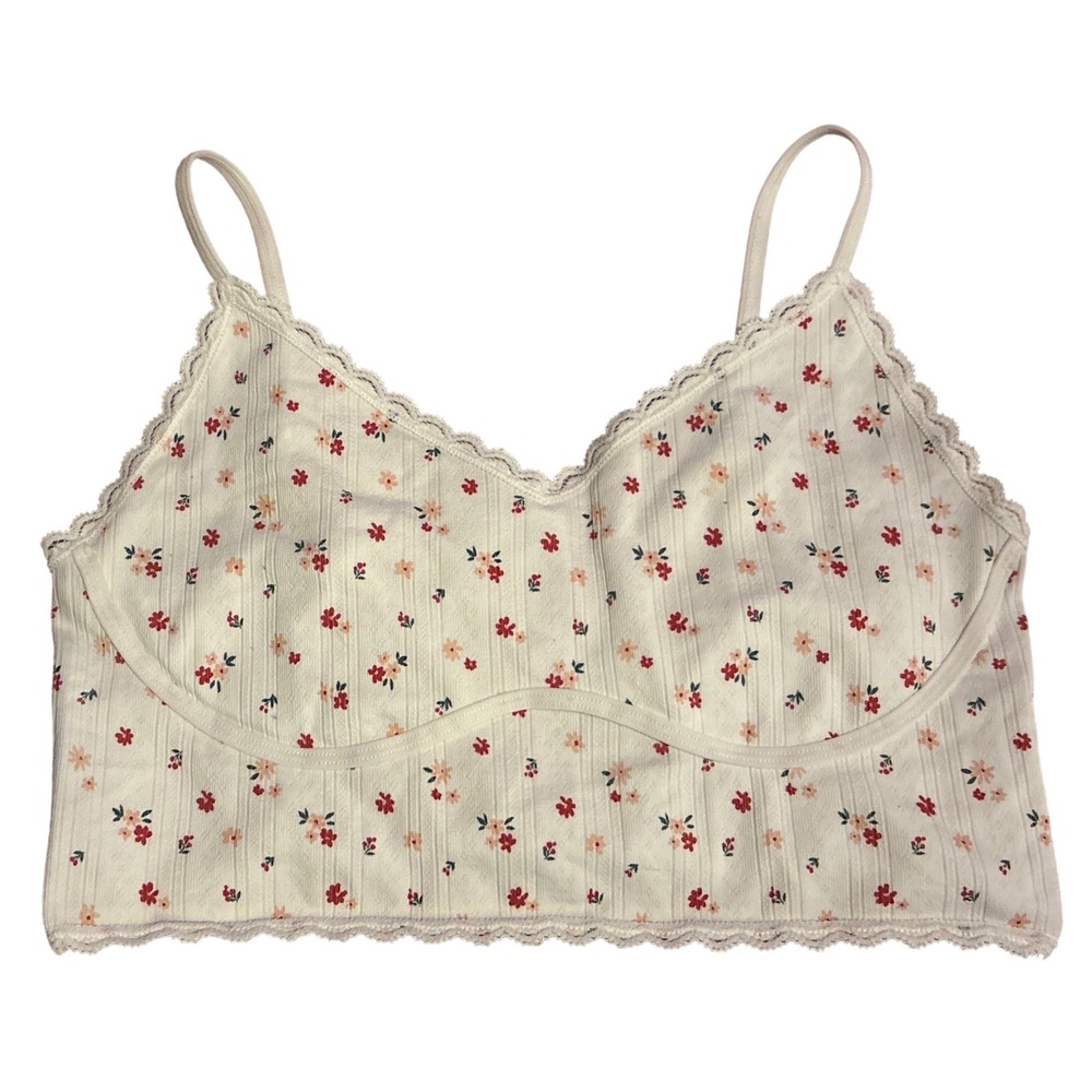 SO Intimates Women Cream Floral Lace Trim Bralette Crop Top Size L